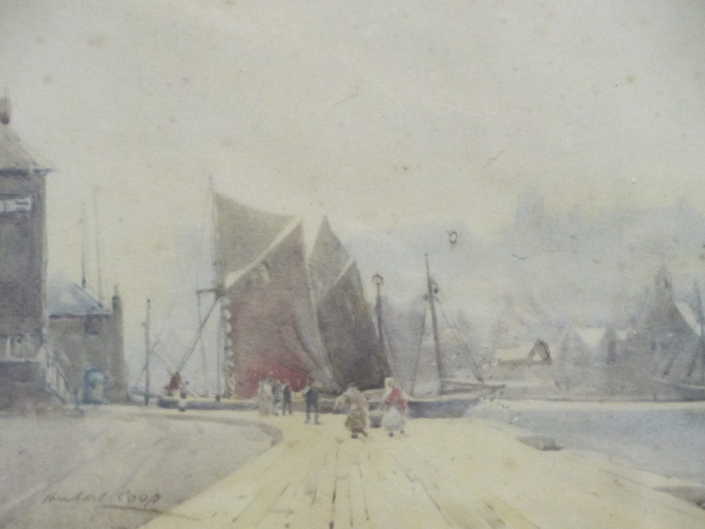 HUBERT COOP, signed colour etching "Docks Scenes with Sailing Vessels Moored Up", 7" x 9"