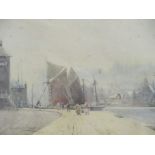 HUBERT COOP, signed colour etching "Docks Scenes with Sailing Vessels Moored Up", 7" x 9"