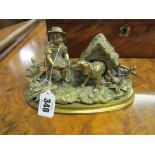 VICTORIAN INK WELL, brass figure base ink well with child feeding hound in kennel