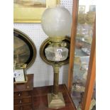 EDWARDIAN OIL LAMP, attractive brass column base oil lamp, ribbed clear glass reservoir and etched