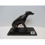 BRONZE HOUND, black marble base seated hound, 7.5" high