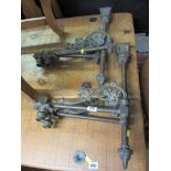 ARTS & CRAFTS, pair of brassed newel post twin branch candelabra