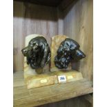 ART DECO, pair of coloured alabaster bookends with bronzed hounds head decoration