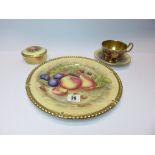 AYNSLEY, collection of fruit decorated and gilded table ware including 3 cups and saucers, pair of