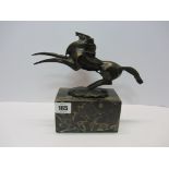 FRENCH BRONZE, a coloured marble base stylised bronze of rearing horse 8" high