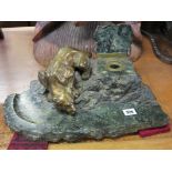 ANIMAL BRONZE, sculptured stone base, gilded bronze figure of wild cat drinking, 15" width