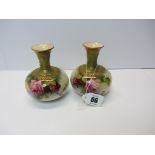 ROYAL WORCESTER, pair of rose painted and gilded neck posy vases, pattern no. F110 (1 rim restored)