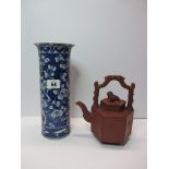 CHINESE REDWARE, hexagonal teapot with temple dog finial a/f also Hawthorn Blossom underglaze blue