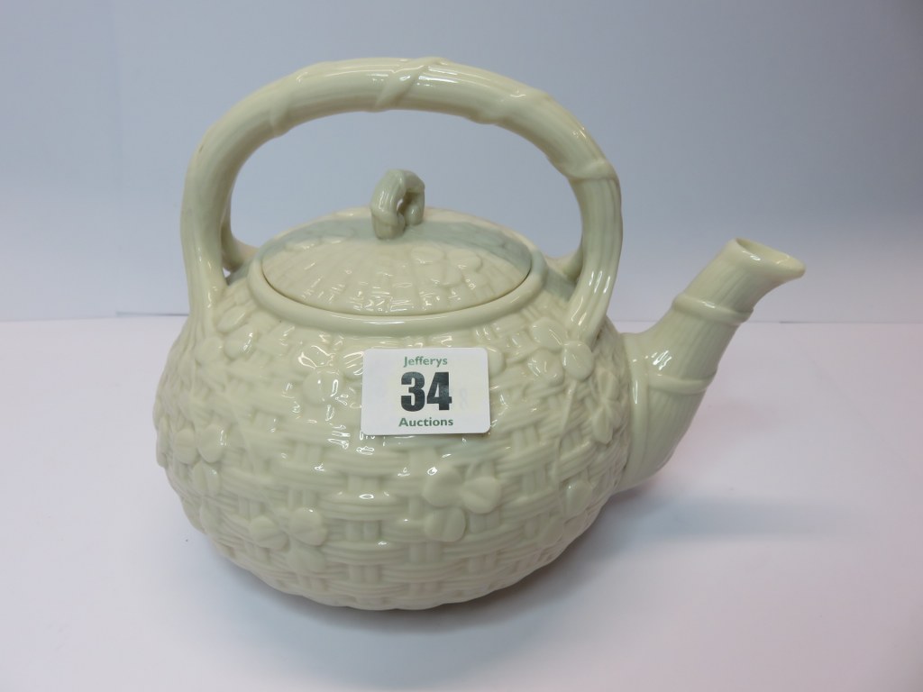 BELLEEK, ozier and shamrock design teapot, black factory mark