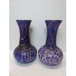 ART GLASS, pair of blue crazed milk glass 8" vases