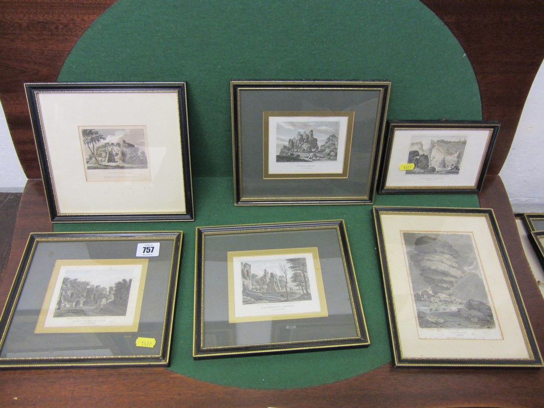 ANTIQUARIAN CORNISH ENGRAVINGS, collection of 6 framed and hand tinted engravings including "The