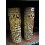 ORIENTAL BAMBOO, pair of carved pictorial cylindrical bamboo vases, 15" high