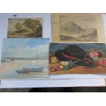 UNFRAMED WATER COLOURS, collection of 4 including "English School Landscape"