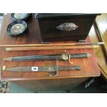 SWAGGER STICK, Eastern silver tipped horn swagger stick, WWI bayonet in sheath and 2 other pieces