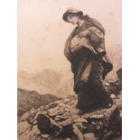 HUBERT von ERKOMER, signed sepia etching, "The Lost Sheep" 9" x 6"