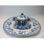 BLUE TRANSFER WARE, "Tyrian" pattern meat plate and early blue transfer "Floral Urn" pattern oval