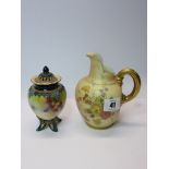 ROYAL WORCESTER PEACH GROUND, gilt handled floral decorated ewer jug and Hadley's Worcester