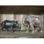 ELEPHANT CARVING, ethnic carved teak 12" high elephant; also large rhinoceros figure