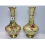 ROYAL WORCESTER PEACH GROUND, pair of gilded fluted base 10.25" vases, floral spray decoration,