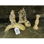 ANTIQUE IVORY CARVINGS, Netsuke of man with monkey, also Japanese carving of peach harvester and 2