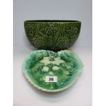 MAJOLICA, strawberry leaf shaped dish, Sylvac green glaze floral blossom flower holder, pattern