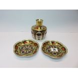 ROYAL CROWN DERBY, pair of "Japan" patterned pentagonal lobed small dishes and similar posy vase