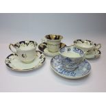 ROCKINGHAM, 4 marked cup and saucer sets including Willow pattern