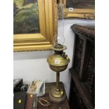 OIL LAMP, brass column base oil lamp and chimney