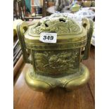 CHINESE INCENSE BURNER, quality twin handled incense burner decorated dragon panels, on 4 raised