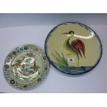 GRAFFITI POTTERY, Heron decorated European charger and Turkish style decorated slip ware bird plate