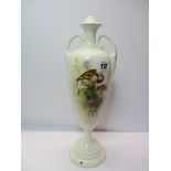 WORCESTER BIRD VASE, twin handled lamp base decorated with goldfinch and blue tit, 12.5" height