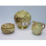 ROYAL WORCESTER PEACH WARE, floral decorated lidded jar (edge chip); also Worcester Lock peach
