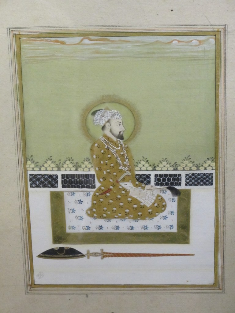 PERSIAN PAINTING, signed gilded gouache  "Kneeling Nobleman", 7" x 5"