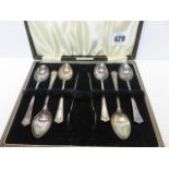 TEASPOONS, original boxed set of 6 HM silver teaspoons and matching tongs,