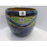 DOULTON STONEWARE, blue glaze jardiniere with floral and foliate meandering border, 8.