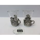 LIQUEUR CUPS, pair of HM silver ornate design liqueur glass holders,