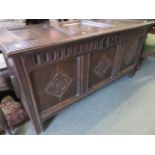 18TH CENTURY OAK COFFER, Oak carved triple panel coffer, with rising top,