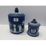 WEDGWOOD JASPERWARE, blue classical design lidded cylindrical jar,