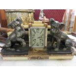 ART DECO MANTEL CLOCK, French coloured marble mantel clock with puppy sculptures,