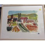 ABSTRACT LANDSCAPES, 2 gouaches signed L D "The Village Church" and "Riverside Houses",