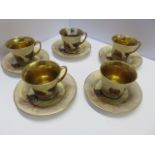 CROWN DEVON, set of 5 hand painted highland cattle, gilded coffee cups and saucers by G Cox,