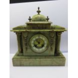 ONYX MANTEL CLOCK, architectural design gilt pillar support mantel clock,