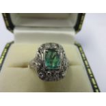 DIAMOND & EMERALD RING, Art Deco design diamond and emerald ring,