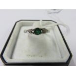 DIAMOND & EMERALD RING, diamond and emerald 3 stone ring in white metal ring mount,