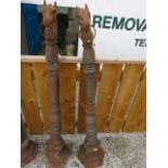 HORSE HITCHING POST, pair of cast iron horse head finial hitching post,