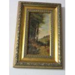 ENGLISH SCHOOL, indistinctly signed oil on board "Young Lady Along Woodland Path", dated 1880,