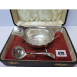 SAUCE BOAT, Boxed HM silver sauce boat and ladle,