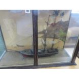 MARITIME, antique scratch built 3 masted schooner in cabinet display,