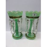 VICTORIAN GLASSWARE, pair of gilded green glass prism drop lustre vases,