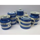 CORNISH WARE, T G Green blue banded kitchen ware including Sago and Sugar lidded jars, tea pot,